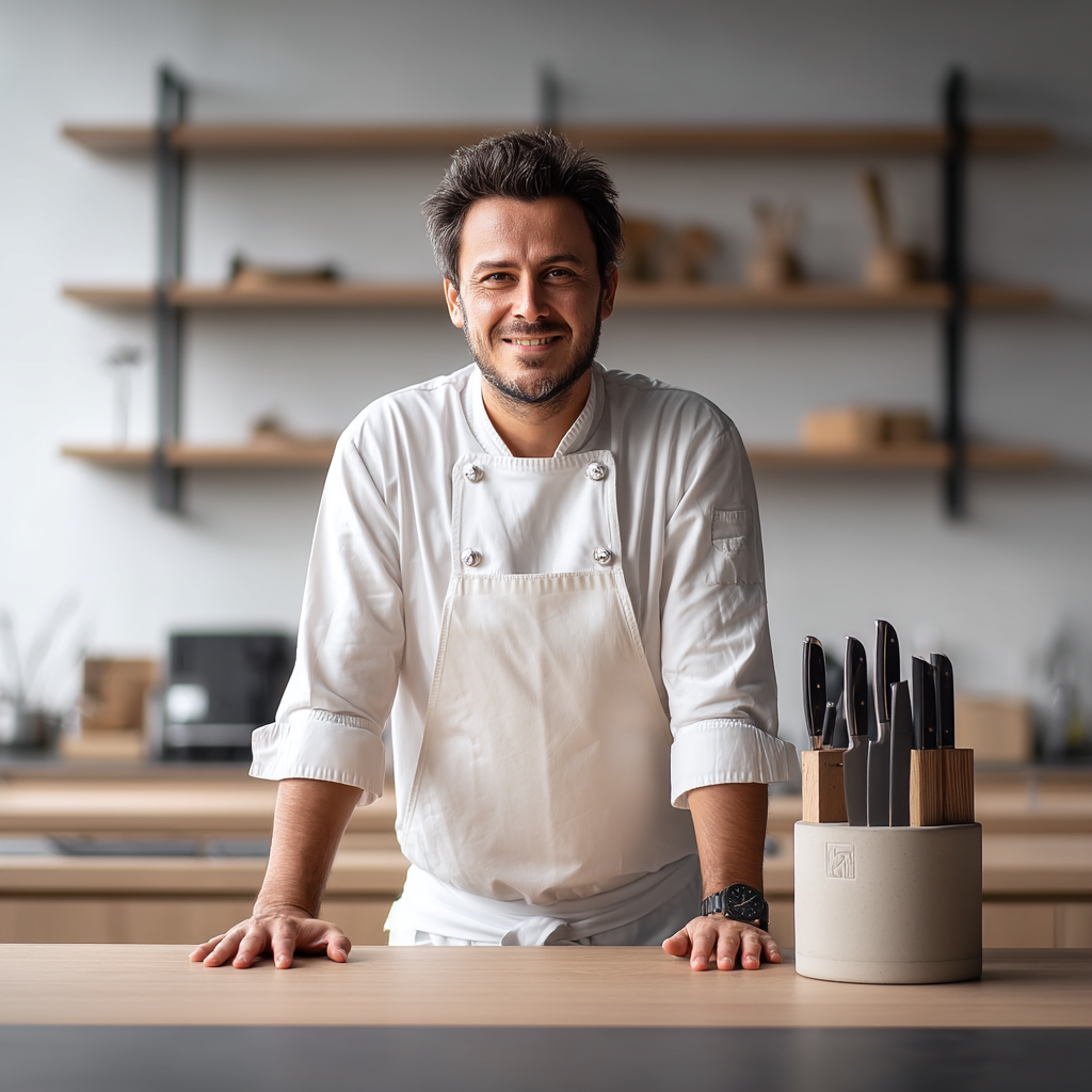 u6798196942_httpss.mj.runJx-LMZlXYGc_A_handsome_smiling_profe_fe0bb5a4-1b87-4a98-b25c-50ff75cd02e9_1 Smiling professional chef in a modern kitchen — founder of Sweetain, a high-protein dessert brand